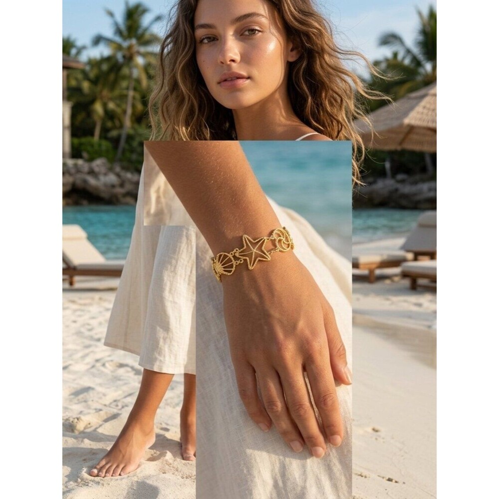 Goldtone Nautilus & Starfish Seashell Charm Bracelet - 7" Coastal Beach Jewelry